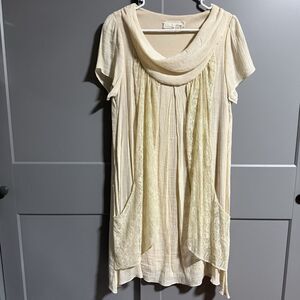 Anthropologie A'reve Short Sleeve Lace Cowl Neck Dress Beige Medium Boho